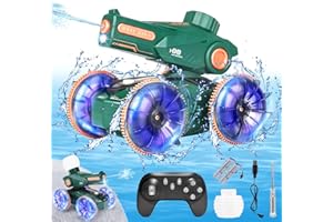 XSTARG Macchina Telecomandata Anfibia, 2.4GHZ Macchina Radiocomandata per Bambini, 4WD 360°Rotazione Macchina Telecomandata Impermeabile da Piscina con Luce LED, 2 Batteria, Giocattolo per Bambini 6,7,8,9,10