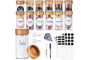 elagel Gewürzgläser Rund mit Streueinsatz - 12er Set 120ml Gewürzdosen Hochwertigem Holzdeckel aus Bambus Gewürzgläser - Gewürzstreuer Glas mit Streuer-Aufsätze,Trichter,Etiketten- Spice Jars
