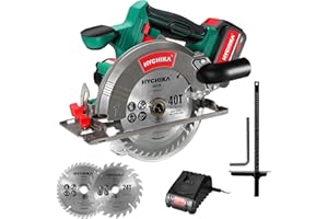HYCHIKA BETTER TOOLS FOR BETTER LIFE Sega circolare a batteria, HYCHIKA 18V con 2 lame da 165 mm, profondità di taglio massima 53 mm (90°)/36 mm (45°)