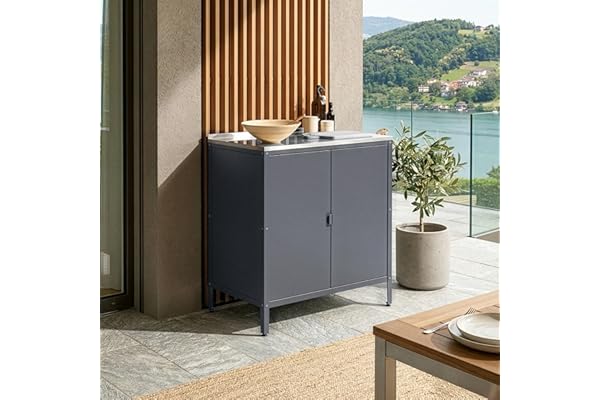 casa.pro Armoire Basse de Jardin Meuble de Rangement pour Extérieur et Intérieur Placard Polyvalent avec Portes et Étagères pour Terrasse ou Balcon Acier Laqué 92 x 80 x 50 cm Gris Foncé Mat