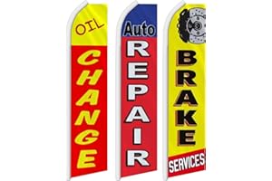 R AND R INDUSTRIES Oil Change Auto Repair Brake Services Swooper Flag Pack of 3 - Durable 11.5ft x 2.5ft Advertising Flagspole with Wind-Resistant & Weather Proof Material - Includes Three King-Sized Flags Sign Car Shop