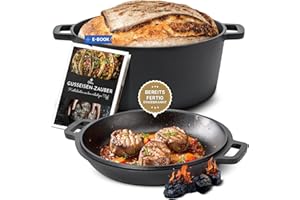 Ottia Pentola in ghisa, pronta all'uso, coperchio come padella, pane e stufato, per induzione, gas, campeggio, fuoco, barbecue, barbecue, con ricettario, commerciante di Amburgo