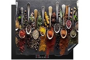 KitchenYeah© Protezione Piano Cottura Tappetino per Induzione 58x51 cm Cucina Proteggi Coprifornello Antiscivolo Spezie - Cucchiai - Calcestruzzo