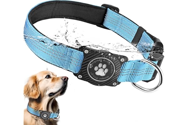 Ytanest Collier Airtag pour Chien, Support Lumineux 100% Étanche,Collier Imperméable Réglable en Nylon Réfléchissant pour Apple Air Tag, Bleu 02, L