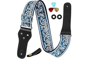 Musiin Guitar Strap Classic Style Pattern Guitar Strap Set for Bass, Electric & Acoustic Guitar (Black & Blue)