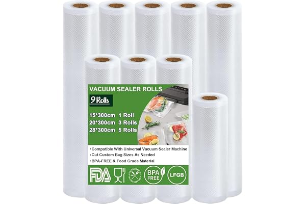 Omtofo Vakuumpåsar för livsmedel, 9 rullar vakuumpåsar för präglad mat, 15/20/28 cm x 300 cm, 190 µm, vakuumpåsar för vakuum