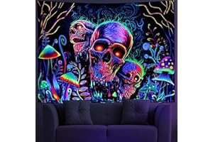 Brrnoo Tapisserie de Tête de Mort Blacklight - Réactive aux UV, Décorative Colorée Mystérieuse Fabriquée à la Main (150X130cm)