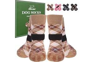 EXPAWLORER Dog Socks Paws Stop Licking - 4 Pack Double Sided Anti Slip Pet Socks with Grips for Hardwood Floors, Dog Shoes Boots for Small Medium Large Senior Breeds British Style, Khaki S