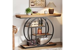 Tribesigns Console de Style Industriel de 105 cm, à 4 Niveaux avec Base Circulaire, étroite en Bois avec étagères de Rangement pour Salon et Couloir (Marron Clair)