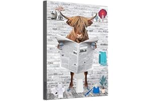 MKHFUW Art mural amusant pour salle de bain, animaux drôles, lecture journaux dans les toilettes, sans cadre (bovins des hautes terres, 60 x 80 cm)
