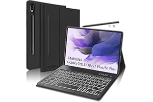 JADEMALL Étui Clavier pour Galaxy Tab S7 FE/ S7+ Plus/ S8 Plus 12.4", 7 Couleurs LED rétroéclairé Détachable Clavier Bluetooth sans Fil, AZERTY Français, Noir