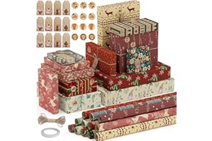 OWill 12 Fogli Carta Regalo Natale, 50 x 70 cm 12 Disegni di Carta Natalizia con 10m Filo di Iuta 12 Etichette 12 Adesivi e un Rotolo di Nastro Adesivo