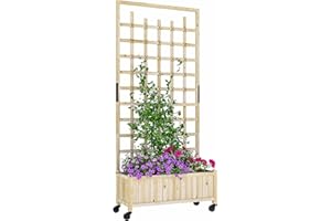 Outsunny Wooden Trellis Planter, Raised Beds for Garden with Wheels and Drainage Holes, Privacy Screen Planter Box to Grow Vegetables, Herbs and Flowers for Garden, Patio, Deck, Natural