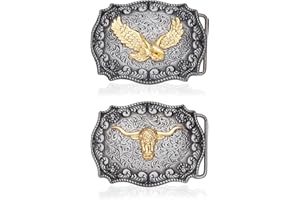 AMIJOUX 2 Pieces Western Belt Buckle Vintage Style Alloy Belt Buckle Western Cowboy Fashion Western 3D Engraved Golden Long Horn Bull, Eagle Buckles, Cowgirl Cowboy Belt Accessory for Men Women