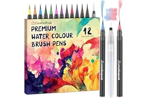 Creativepeak Watercolour Brush Pens, 12 Vibrant Soft Tip Colouring Markers w/Blending Brush, Watercolour Brush Pen Set for Calligraphy, Lettering, Colouring & Journaling, Premium Art Supplies