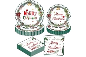 HFBOBP 60Pcs Christmas Paper Plates and Napkins Sets,Disposable Party Dinnerware Poinsettia Flower 9" and 7" Dinner Dessert Plates Winter Holly Leaves and Berries for Merry Christmas Serves 20