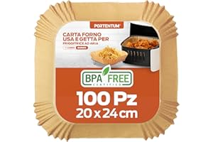 PORTENTUM Air Fryer Oven Paper 100 Square Units 20-24cm Fits 5-8L Models BPA Free, FDA and LFGB Certified