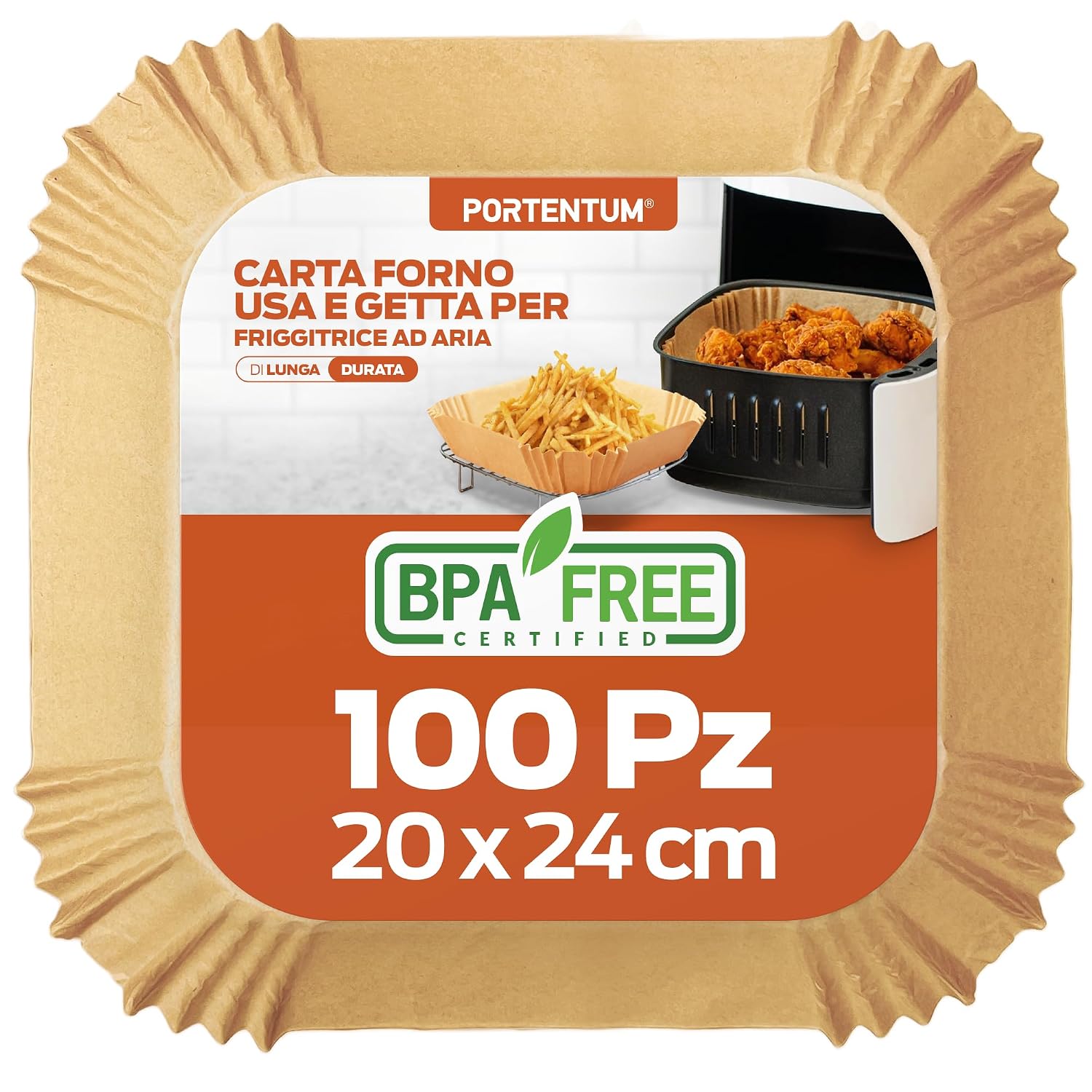 PORTENTUM Carta forno per friggitrice ad aria, 100 unità quadrate 20–24 cm, adatte a modelli 5–8 L