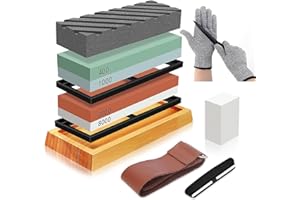Meff-Mluk Knife Sharpening Stone Kit 400/1000/3000/8000 Grit Whetstone Knife Sharpener Set with Non-Slip Bamboo Base, Flattening Stone, Angle Guide, Stone Fixer, Cut Resistant Gloves, Leather Strop