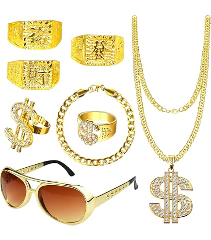 DKDDSSS 5 Pezzi Set Accessori Rapper, 80s 90s Rapper Costume Hip Hop, Collana Dollaro, Anelli Dollaro, Bracciali, Occhiali da Sole per Carnevale, Accessori in Maschera, Festa a Tema