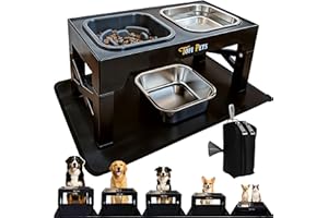 TOFI PETS Comedero Perro Elevado 5 Alturas | Bebedero y Comederos para Perros Medianos y Grandes Acero 2 x 1400ml, Comedero Lento para Perros 1 x 1200ml, Alfombra + Porta Bolsas Paseo | 3 Cuencos