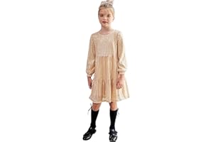 GRACE KARIN Vestido Niña de Manga Larga con Lentejuelas Vestido de Fiesta Elegante con Cuello Redondo Pliegues