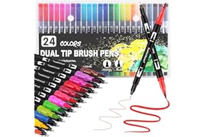 Funnasting Colouring Pens Dual Tip Brush Pens, 24 Colors Felt Tip Pens for Adults, Brush Marker Pens for Colouring Book Journal Drawing Lettering Sketching
