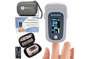 Pulse Oximeter Fitharbour New Version [CE Certified ] Blood Oxygen Saturation Monitor Fingertip OLED Display HR with Alarm Two AAA Batteries Carry Bag & Lanyard (Grey[Grey Case])