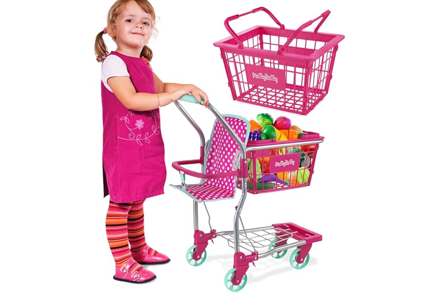 Molly Dolly 2 in 1 Kids Shopping Trolley & Basket Playset - Toy Shopping Cart For Kids