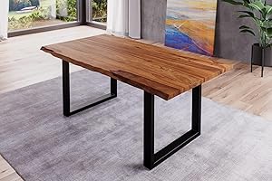 BETT11 SAM B-Ware Baumkantentisch 160x85cm Barney, Sheesham-Holz teakfarben gebeizt, Esstisch mit echter Baumkante, massiver Esszimmertisch mit U-Gestell Mattschwarz, Tischplatte 35mm