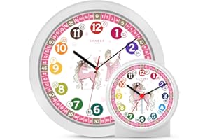 Cander Berlin MNU 1730 Kinderwanduhr Wanduhr und MNU 1709 Kinderwecker lautlos Einhorn Prinzessin Lernuhr Wecker Kinder Licht Snooze geräuschlos leise