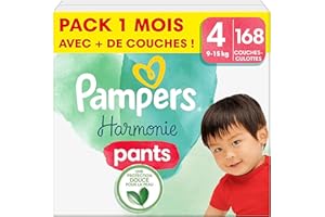 Pampers Couches-Culottes Harmonie Pants Taille 4 (9-15 kg), 168 Couches-Culottes Bébé, Pack 1 Mois, 100% d'absorption Pampers & des Ingrédients d'origine végétale, Maintenant avec Plus de Couches