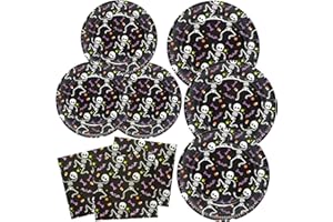 BFB Halloween Party Paper Plates, Dessert Plates, Paper Napkins Set Skeleton 48 Pieces Black Disposable Tableware Party Supplies