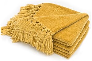 RECYCO Chenille Throw Blanket with Tassels Soft Cozy Sofa Chair Bed Gift, 152x127cm, Mustard Yellow