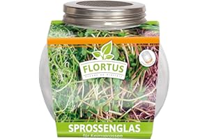 FLORTUS FREUDE AN VIELFALT FLORTUS | Sprossenglas mit rostfreiem Edelstahlgitter | 11cm x 7cm x 10cm | Keimglas für Sprossenkeimlinge | Sprossen ziehen | Sprossen Anzuchtset für schmackhafte und frische Keimsprossen | 425 ml