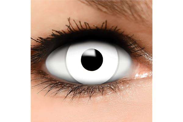 FUNZERA Lentilles de Contact Blanche Blanche Zombie, Halloween Tattoos inclus, lentilles de contact colorées, sans correction - Qualité de la marque - Idée costume maquillage Carnaval ou Halloween