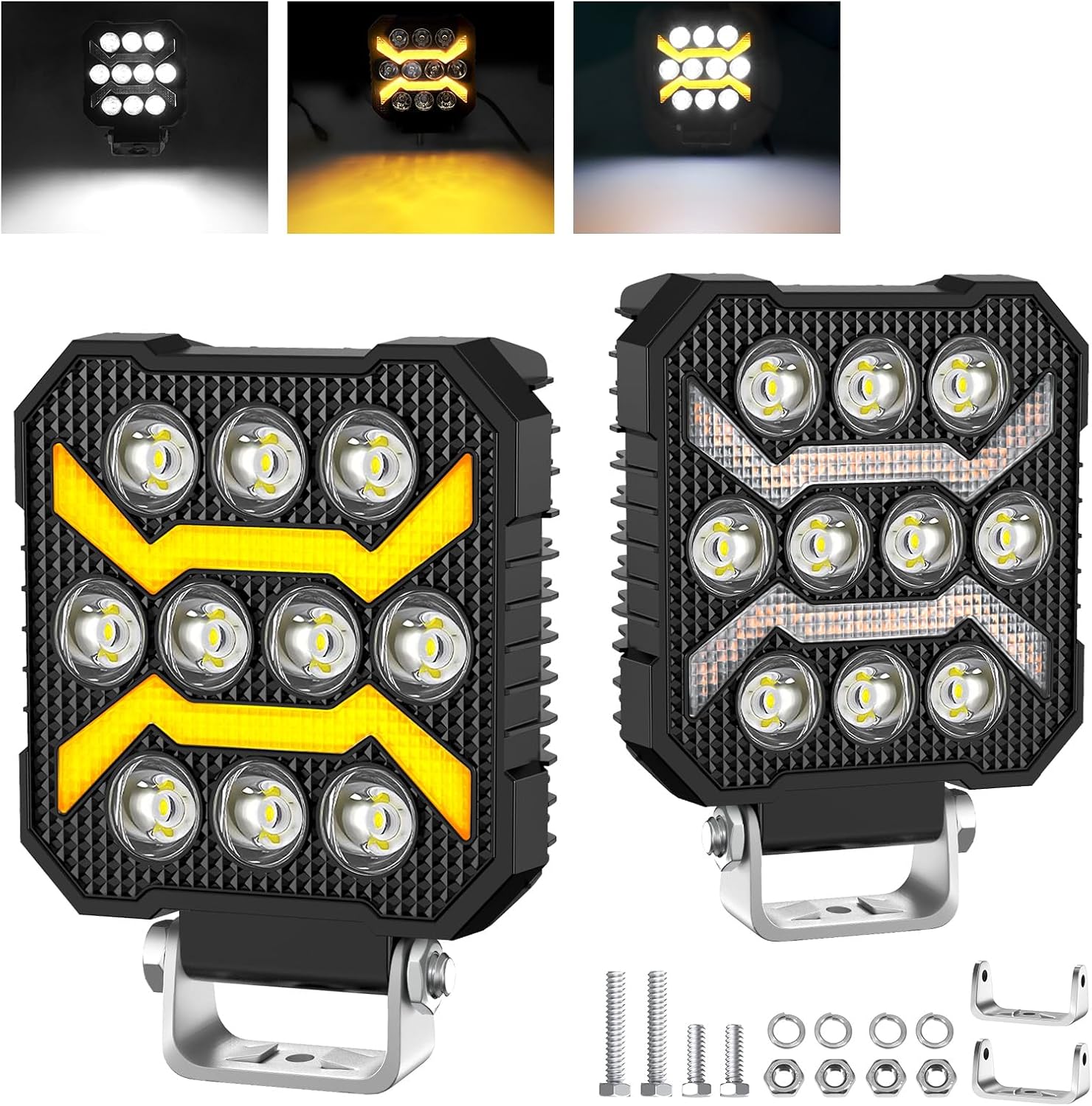 antom 2PCS LED luz de trabajo 3 colores 6500K 5 modos led faro 12V IP68 Impermeable faro adicional para tractor de césped, coche, vehículo de motor, taller, barco, tractor excavadora SUV