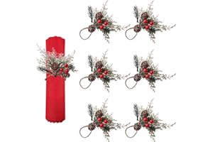 OTKARXUS Christmas Napkin Rings,6PCS Snowy Pine Cones Red Berry Napkin Rings,Napkin Holders Rings for Xmas Anniversary Dinners Wedding Party Banquet Table Decoration