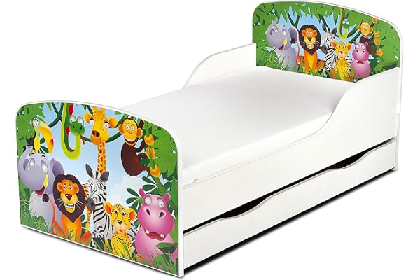 Leomark Moderne Lit d'enfant Toddler avec Matelas et Un Tiroir Couleur Blanc Motif: Décoration Jungle Animaux Confortable Fonctionnel Lit Simple Zone de Couchage 70/140 cm