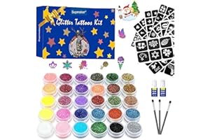 SUPMAKER Temporary Glitter Tattoos Kit - 30 Color Glitter, 135 Unique Stencil Body Art Paint Set for Girls, Kids, Teenagers & Adults