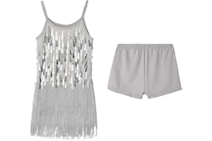 LOLANTA Girls Sequin Fringe Dance Costume, Kids Salsa Rumba Latin Dancing Clothes Set, Sparkling Sleeveless Tassel Dance Mini Dress with Shorts