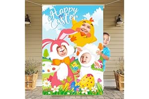 DPKOW Happy Easter Photo Prop - Backdrop Banner with Face-in-Hole Game for Parties, Funny Easter Game Supplies for Kids & Adults, 150 * 100cm