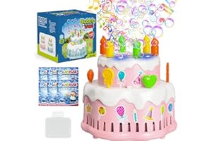 Bombble Torta di Compleanno Macchina Bolla, Macchina Automatica Bolla di Sapone per bambini con Musica/Luci/Soluzione, 10000+ Bolle/Min 13 Fori Soffiatore di Bolle per Partito All'aperto Matrimonio