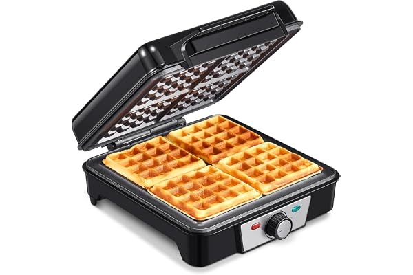 Våffeljärn för 4 Belgiska Våfflor, 1 200 W med Anti-Bräddavlopp, Garvningsregulator, Non-Stick Plattor och Kontrolllampor