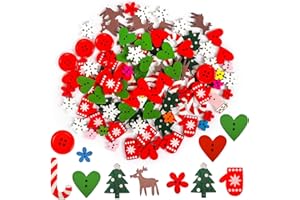 KUFAERBEAM Bottoni Natalizi in Legno, 50 Pezzi di Bottoni Decorativi Misti per Progetti di Artigianato Artistico Fai-da-Te, per Personalizzare Il Tuo Artigianato, Miscelazione Casuale Creativa