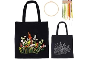 WADORN DIY Kit de Bordado de Bolso de Mano de Lona, Bolsa de Lona Negra Kit de Punto de Cruz con Patrón E Instrucciones Bolsa Personalizada Kit de Punto de Aguja de Mano Incluye Aros Hilos de Color