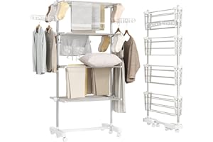 AOSOM HOMCOM Tendedero Vertical Plegable Tendedero de Ropa con 6 Ruedas 2 Laterales Abatibles Estantes Ajustables y Marco de Acero Inoxidable para Interior y Exterior Blanco