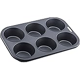 Premium 6 Cup Deep Muffin Pan - Non-Stick, Carbon Steel, Dishwasher Safe - Excellent Heat Conduction - 32cm Length x 22cm Wid
