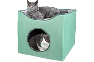 GDGZT Cat Bed, Green Cat Beds for Indoor Cats, Large Foldable Cat House, Soft Cube Cat Cave Bed, Covered Cat Hideaway for Cats and Small Pets, 40x40x35cm