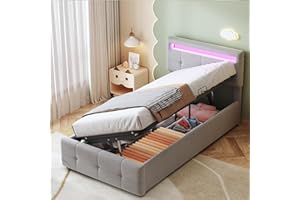Gegtuon Letto Imbottito 90x200 cm con Illuminazione LED per Bambini, Letto Singolo con Idraulico Contenitore e Testata, Struttura Letto con Rete a Doghe per Ragazzi, senza Materasso, Velluto (Grigio)